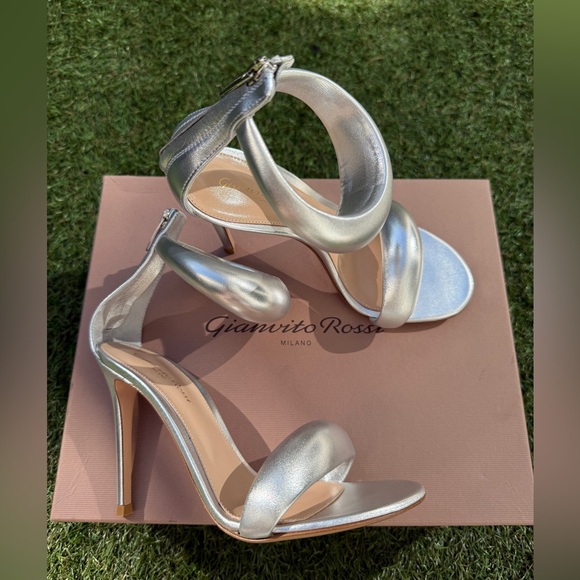 Gianvito Rossi Bijoux Silver Metallic Napa Leather Ankle Strap Heels Shoes 37.5 - Picture 2 of 12